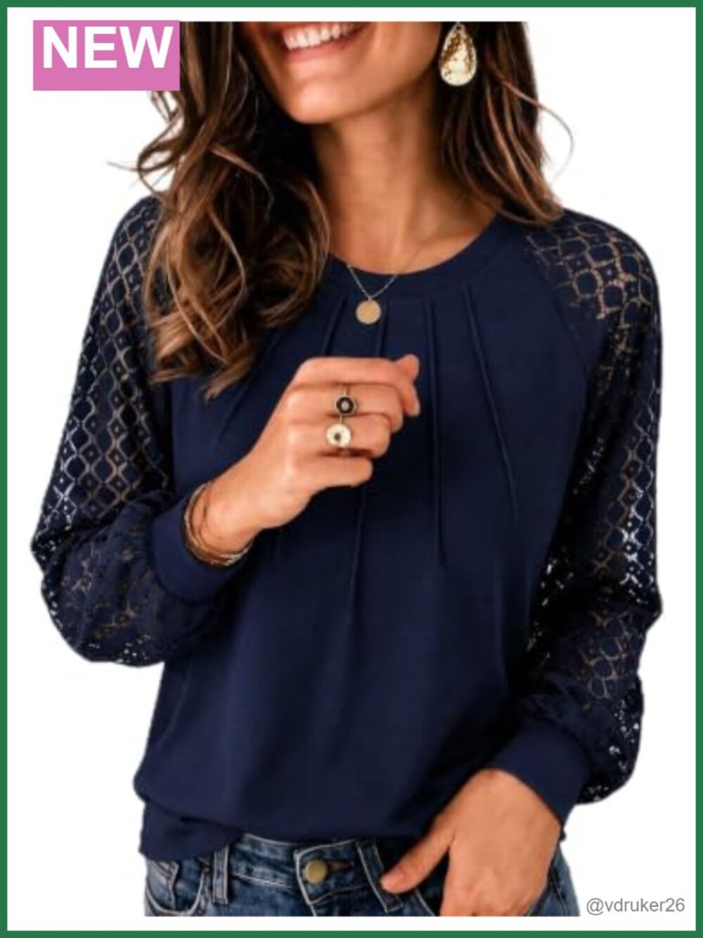 Women's Lace Long Sleeve Blouse Pleated Crewneck Dressy Casual Top